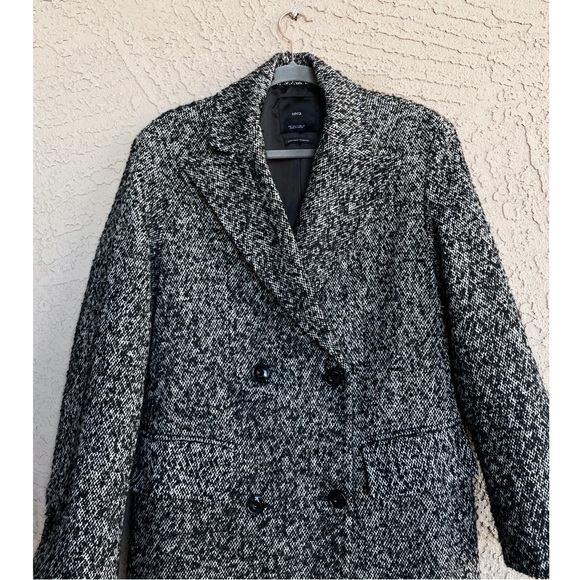 MANGO Black Marbled Textured Full Length Coat Double Breasted Wool Trench Coat S - Picture 3 of 16